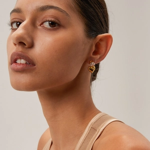 Minimalist 18k gold plated stainless steel heart drop earrings with zircon stone inlay