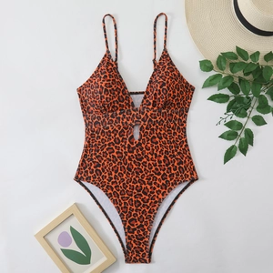 Detail of leopard print one-piece swimsuit with V-neckline and waist cutout design