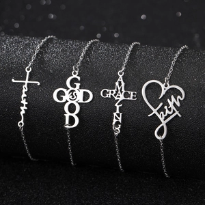 Polished stainless steel religious bracelets with faith cross and engraved heart charms