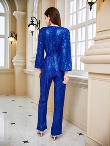 Glitzernder blauer Pailletten-Jumpsuit mit Langarm, V-Ausschnitt und weitem Bein
