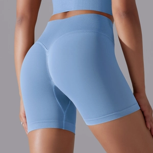 Close-up of grey blue seamless high waist yoga shorts with ribbed compression waistband