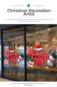 Detail of Christmas snowman glass stickers with Merry Christmas text for window display