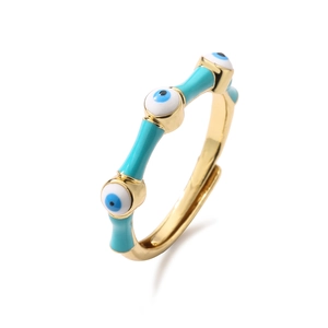 Adjustable gold evil eye bamboo ring with turquoise enamel finish for women