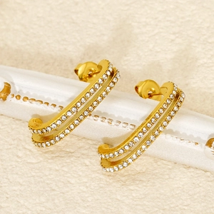 Elegant gold-plated stainless steel double-row pavé rhinestone earrings for women