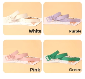 Detail view of four candy-colored slim belts for women with square matching buckles