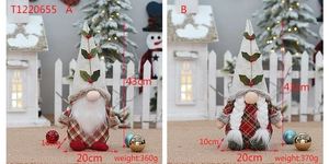 Detailed size chart for Christmas gnomes showing 43cm height and fabric textures