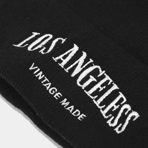 Black knit beanie with vintage Los Angeles embroidery for a trendy autumn style