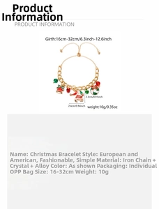 Detailed size chart for Christmas charm bracelet with Santa, bell and wreath pendants