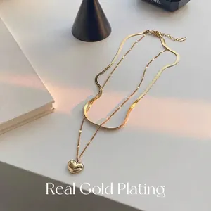Double-layered real gold plated necklace with engraved heart pendant and sleek snake chain