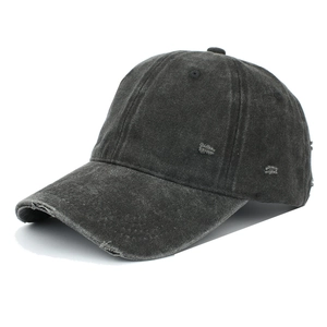 Distressed dark grey washed cotton baseball cap with retro torn details and a soft top