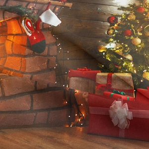 Close-up of the woven fabric texture and digital print of the Christmas tree tapestry