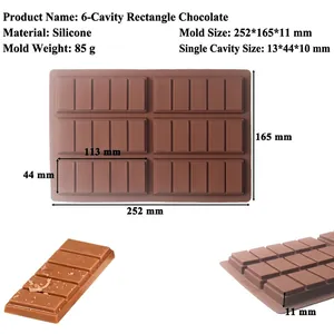 6-cavity rectangular silicone chocolate mold showing dimensions and finished bars