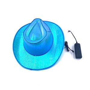 Detail view of fluorescent blue LED cowboy hat with holographic texture and power pack