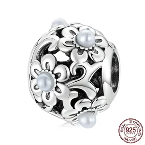 Retro S925 sterling silver hollow flower charm with pearl inlay for DIY bracelet
