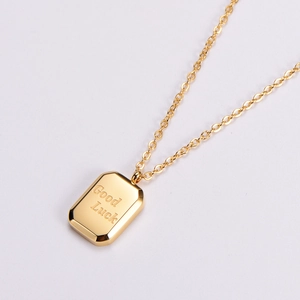 Gold-plated stainless steel Good Luck square pendant necklace on 18K gold O-chain