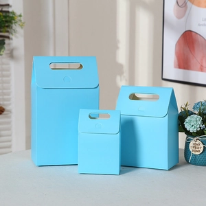 Three light blue matte kraft paper gift bags with handle and flap in different sizes