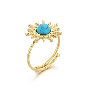 Retro sunflower stainless steel ring with turquoise stone inlay in gold plating
