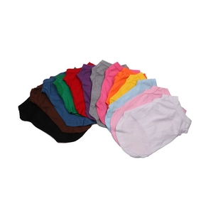 Breathable cotton pet t-shirts in thirteen solid colors displayed in a fanned stack