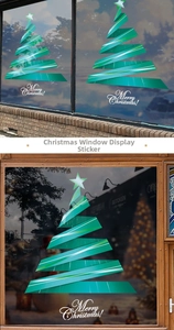 Green ribbon Christmas tree window sticker with Merry Christmas text for shop decor