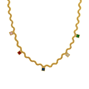 French style gold wavy necklace featuring colorful square-cut zircon pendant tassels