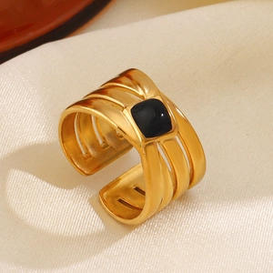 Stainless Steel Open Ring 18K Gold Plated Black Enamel Square Geometric Triple Row Adjustable Jewelry For Women Fashion