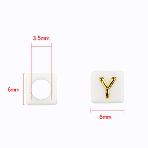 White 6mm square acrylic letter Y bead with gold print and 3.5mm hole for DIY jewelry