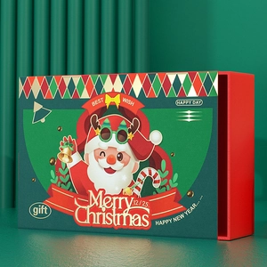 Festive Christmas sliding gift box featuring Santa Claus illustration and grid patterns