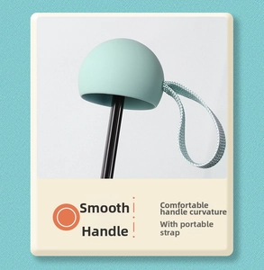 Detail of mint green ergonomic umbrella handle with portable lanyard and black metal shaft