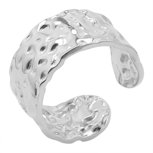 Close-up of silver 304 stainless steel ring showing detailed hammered texture and open band