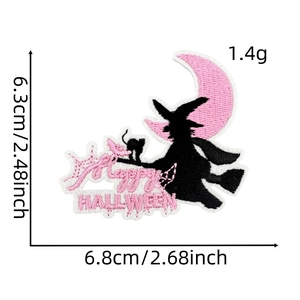 Detailed view of pink Halloween witch embroidery patch with size measurements 6.3x6.8cm
