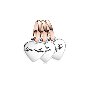 Three-piece silver heart pendant set for Mother Grandmother Daughter in rose gold hoops