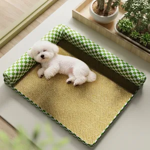 Sommer Haustier Kühlbett Rattan Geflecht Atmungsaktiv L-Form Nackenschutz Hochdichte Schwamm Matte Waschbar Für Hunde Katzen