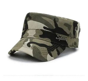 Detail of camouflage military cap featuring a metal Sport badge and breathable eyelets
