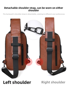 Detail of adjustable strap hooks and USB charging port on brown leather sling bag