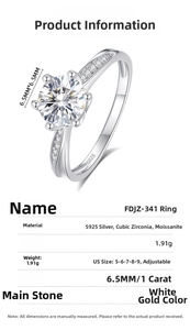 Detail view showing S925 sterling silver ring specifications with 1ct moissanite parameters
