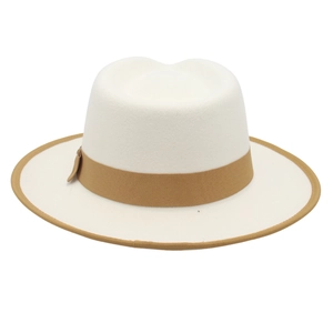 Classic white wool wide brim fedora hat with brown grosgrain ribbon and leather detail