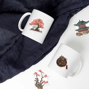 Chinese traditional style stickers with lanterns and architecture on a white ceramic mug
