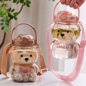 Bear Shaped Water Bottle Plastic Large Capacity With Straw And Adjustable Strap For Kids Students Portable
