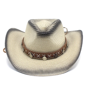 Vintage straw cowboy hat with ethnic coin band and adjustable drawstring for sun protection