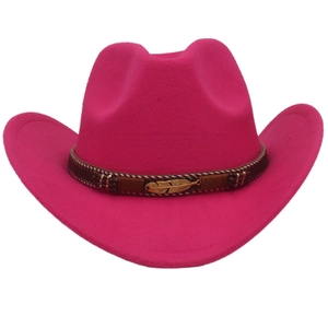 Ethnic style rose red wool felt cowboy hat with woven band and golden feather ornament