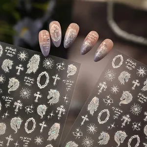 Holographic white dream unicorn nail art stickers with laser finish and celestial patterns