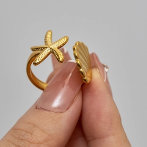 18k gold plated stainless steel starfish and seashell open ring for women