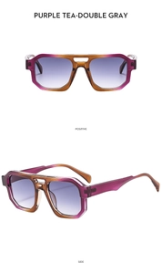 Detailed view of aviator sunglasses with purple tea gradient frame and double gray lenses