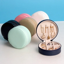 Mini round PU leather jewelry box with necklace hooks and ring slots in various colors