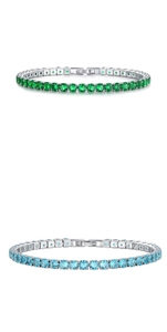 Macro detail of silver tennis bracelets with green and blue round-cut cubic zirconia stones