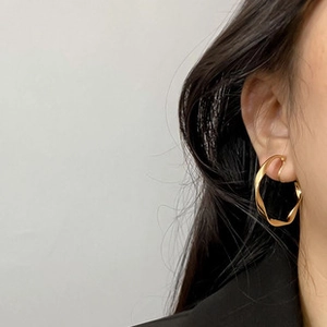 Close-up macro shot of the textured golden twisted hoop earring on model's ear