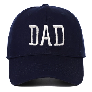 Detailed view of white DAD embroidery on a navy blue soft cotton baseball cap