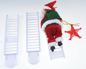 Flat lay of electric climbing Santa Claus with three white ladder parts and a red star toy
