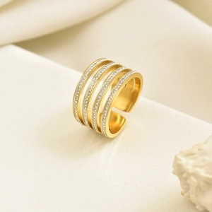 Adjustable four-layer gold stainless steel ring with micro-pave cubic zirconia stones
