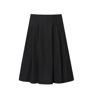 Elegante gonna midi nera a trapezio a vita alta con cintura e pieghe